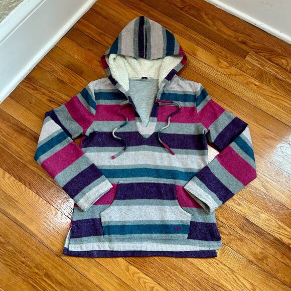 ROXY Sherpa Lined Striped Hoodie – Deep V-Neck Pullover Sweatshirt Women’s XS - Picture 1 of 15
